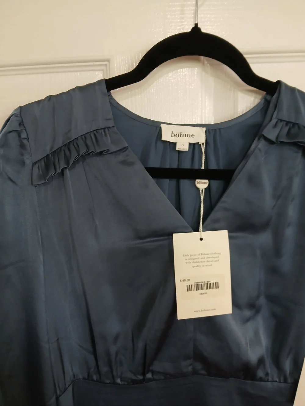 NWT Bohme Blue Long-Sleeve V-Neck Midi Dress Boho Cottage Wedding Guest Feminine - Picture 7 of 9
